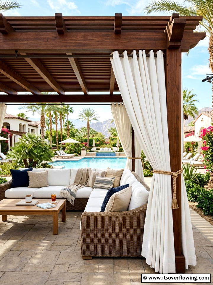 Corner tied pergola curtains - 25 backyard ideas with pergola curtains