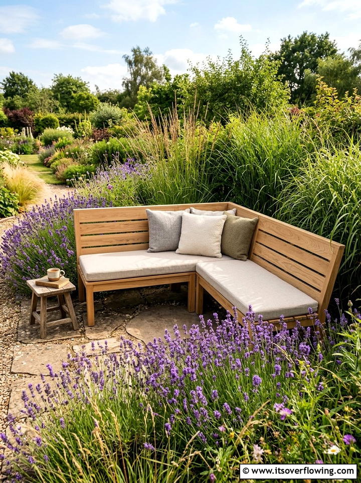 Corner wooden bench - 25 small garden ideas with reading nook