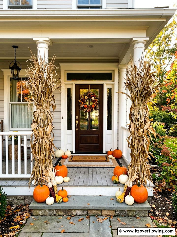 Cornstalks around front door columns - 25 front porch decor ideas with cornstalks