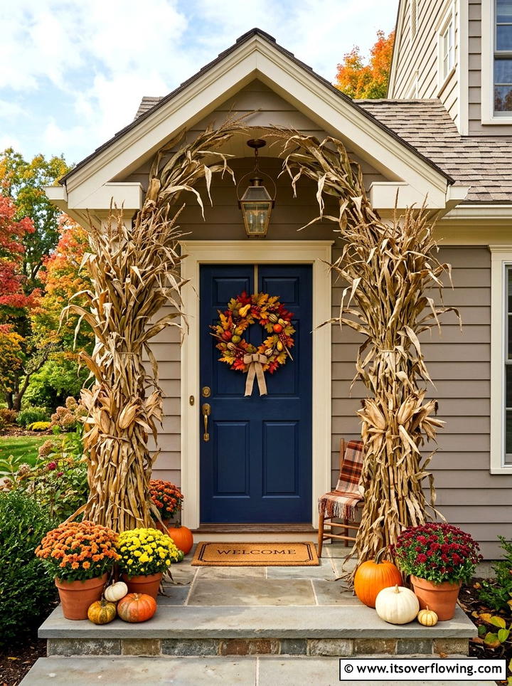 Cornstalks around front door frame - 25 front porch decor ideas with cornstalks