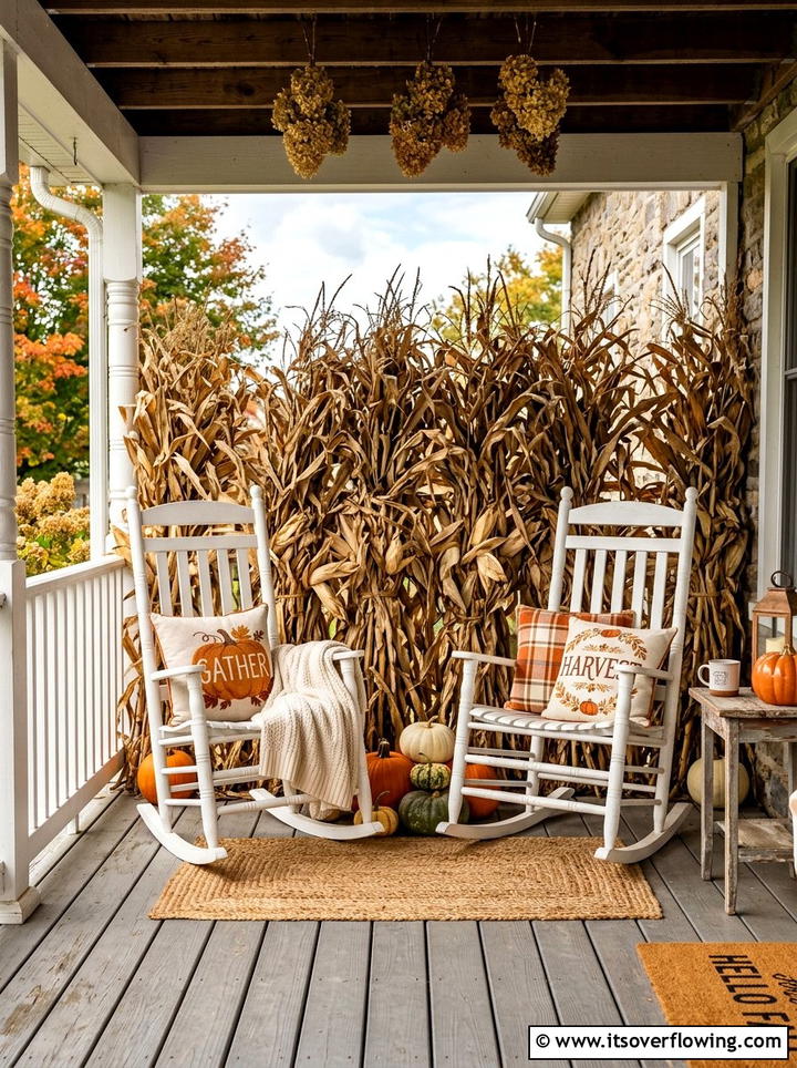 Cornstalks behind porch rocking chairs - 25 front porch decor ideas with cornstalks