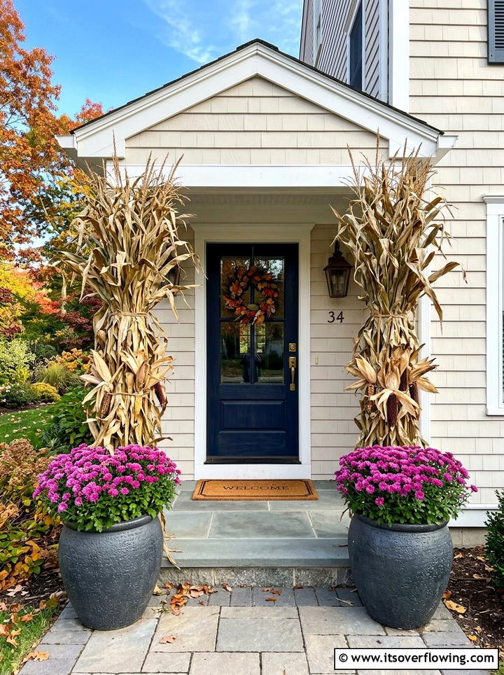 Cornstalks in large ceramic planters - 25 front porch decor ideas with cornstalks