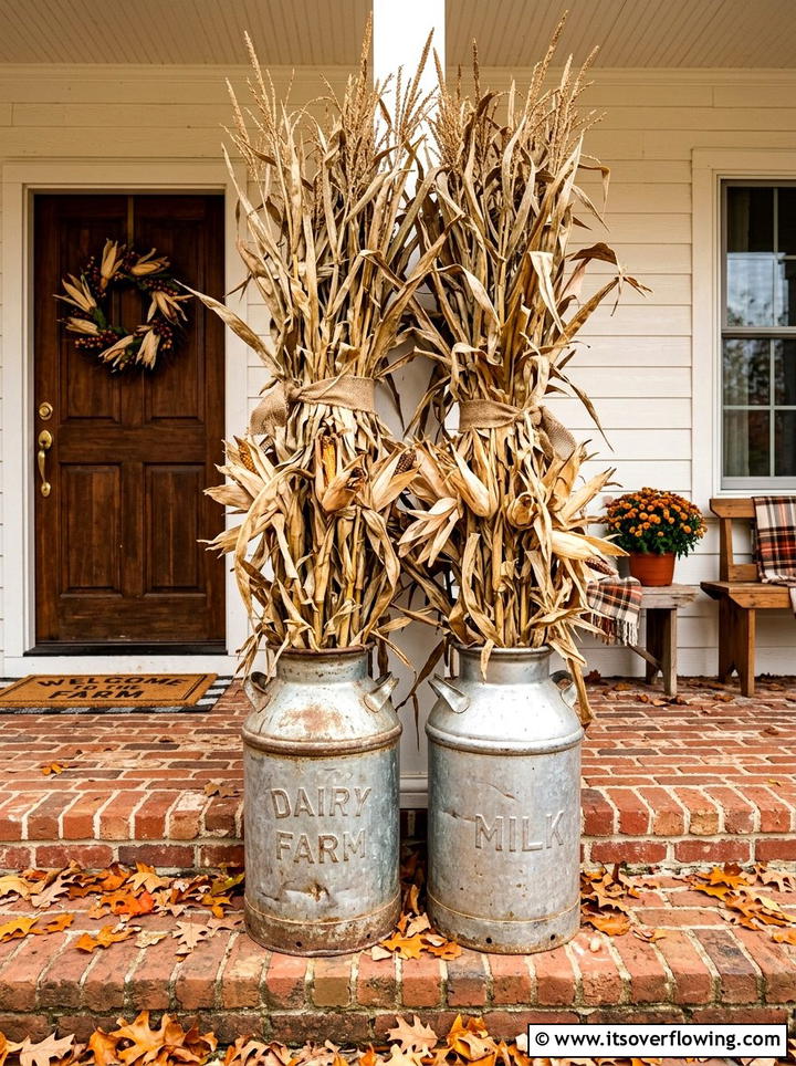 Cornstalks in vintage milk cans - 25 front porch decor ideas with cornstalks