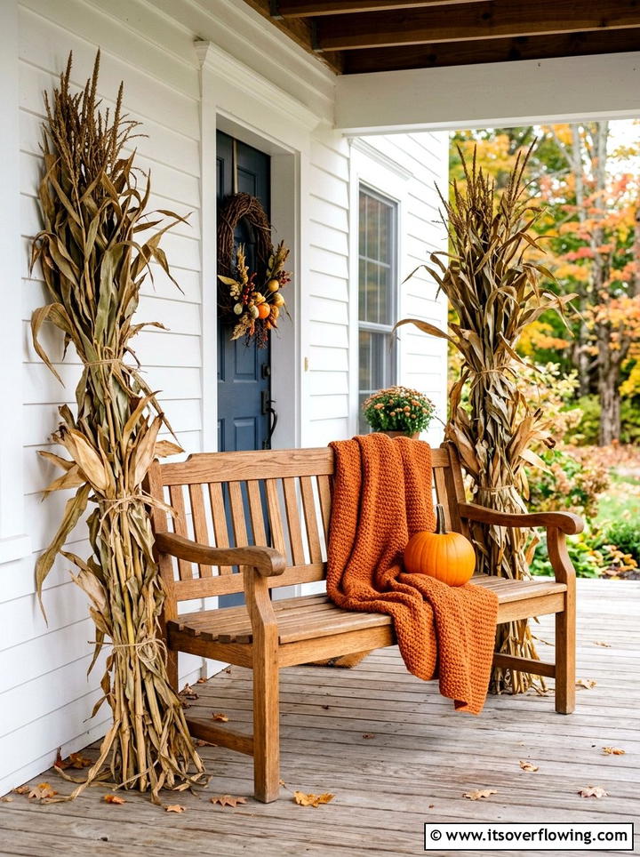 Cornstalks on front porch bench - 25 front porch decor ideas with cornstalks