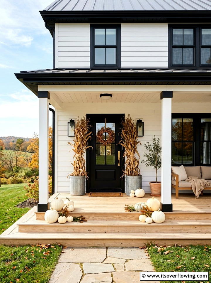 Cornstalks on modern farmhouse porch - 25 front porch decor ideas with cornstalks