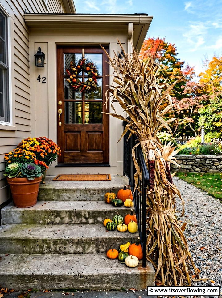 Cornstalks on small porch steps - 25 front porch decor ideas with cornstalks