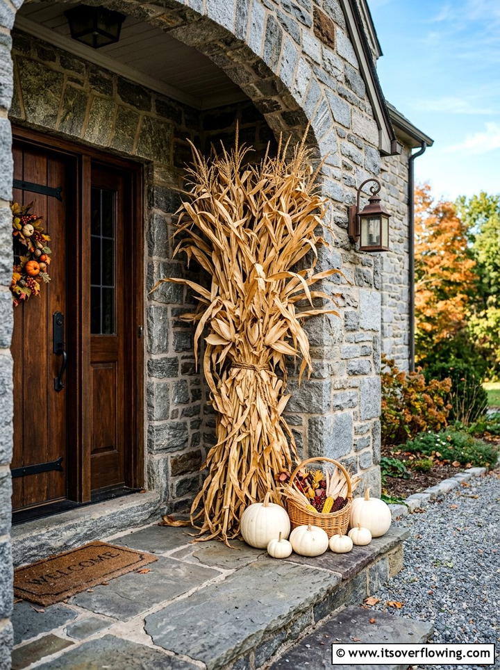 Cornstalks on stone porch entry - 25 front porch decor ideas with cornstalks