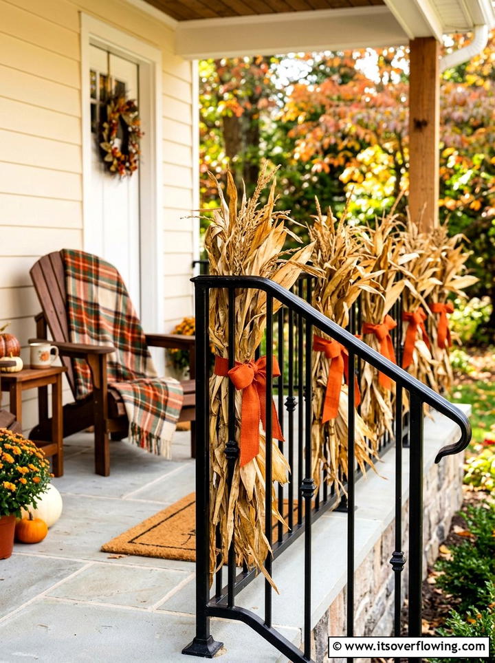 Cornstalks tied to porch railing - 25 front porch decor ideas with cornstalks