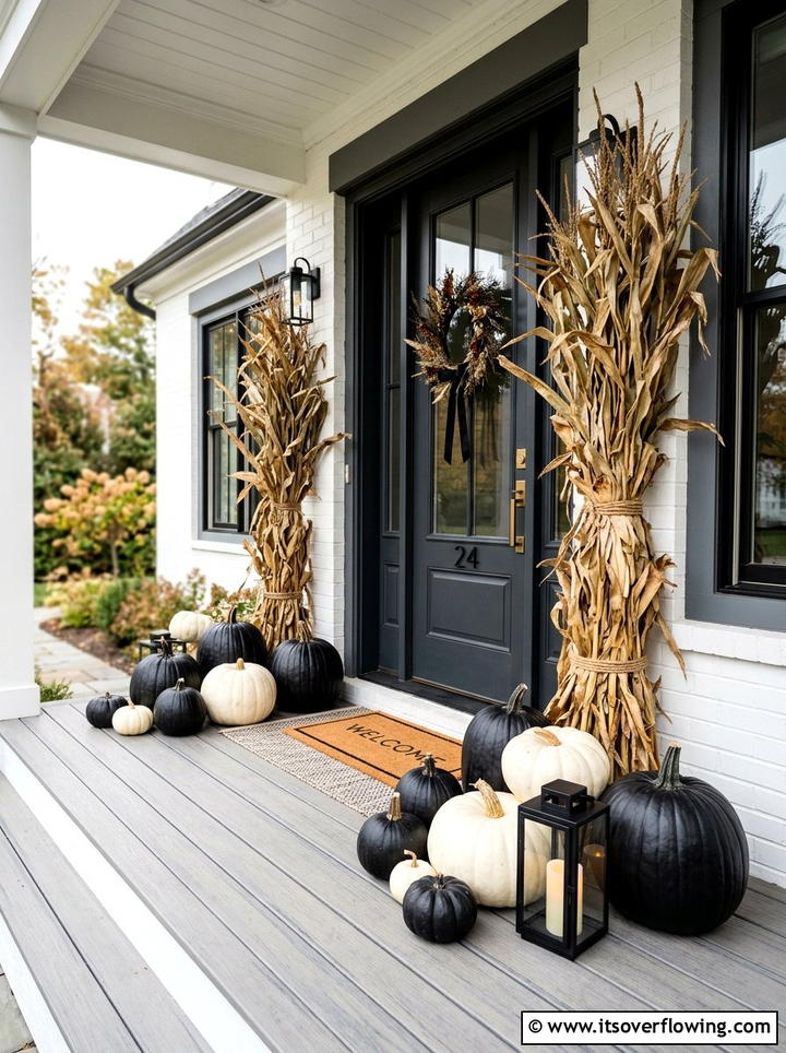 Cornstalks with black and white pumpkins - 25 front porch decor ideas with cornstalks