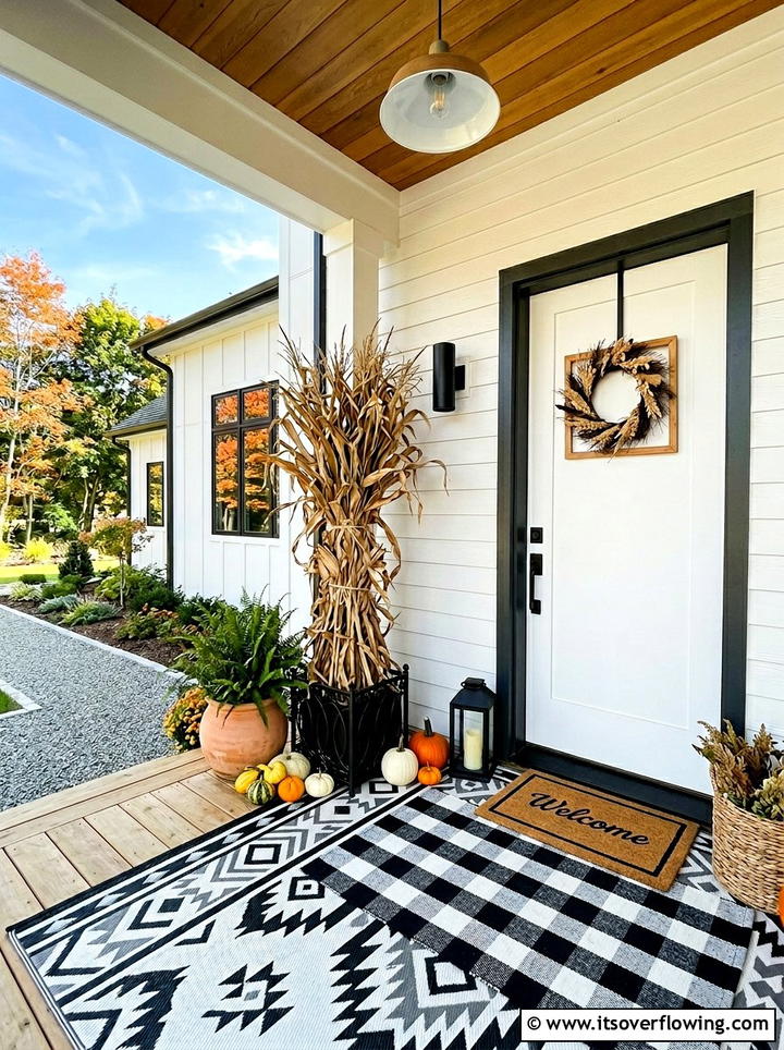 Cornstalks with checkered porch rugs - 25 front porch decor ideas with cornstalks