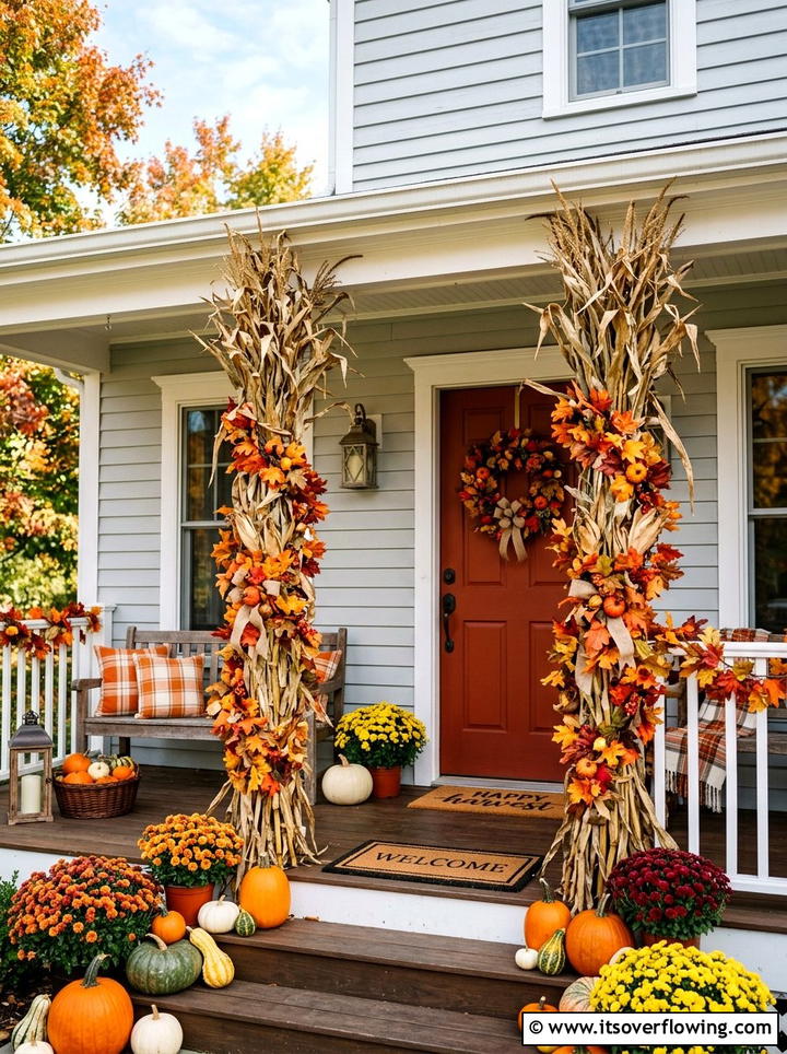 Cornstalks with colorful fall leaf garlands - 25 front porch decor ideas with cornstalks