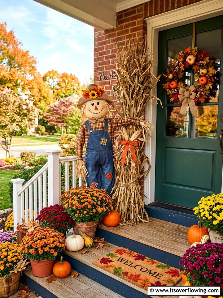 Cornstalks with decorative scarecrows - 25 front porch decor ideas with cornstalks