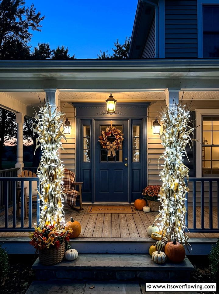 Cornstalks with fairy lights - 25 front porch decor ideas with cornstalks