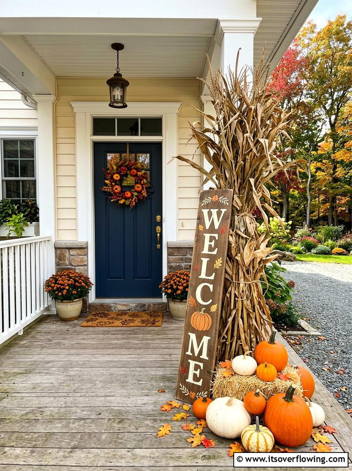 Cornstalks with fall signage - 25 front porch decor ideas with cornstalks
