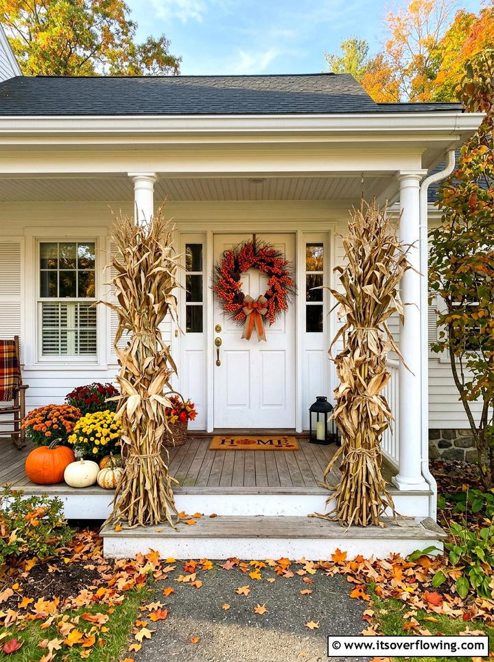 Cornstalks with fall wreaths - 25 front porch decor ideas with cornstalks