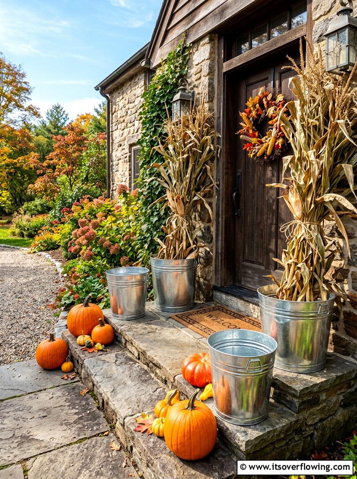 Cornstalks with galvanized metal buckets - 25 front porch decor ideas with cornstalks