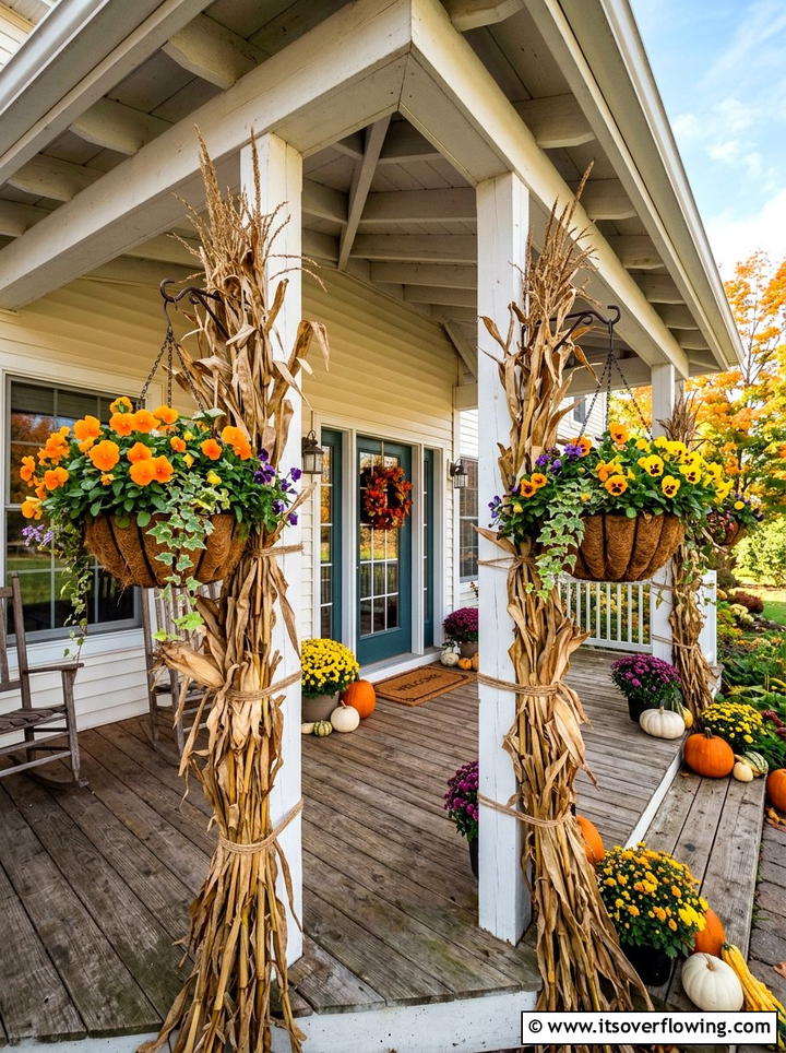 Cornstalks with hanging flower baskets - 25 front porch decor ideas with cornstalks
