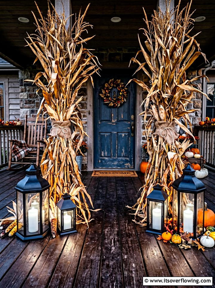 Cornstalks with lanterns and candles - 25 front porch decor ideas with cornstalks