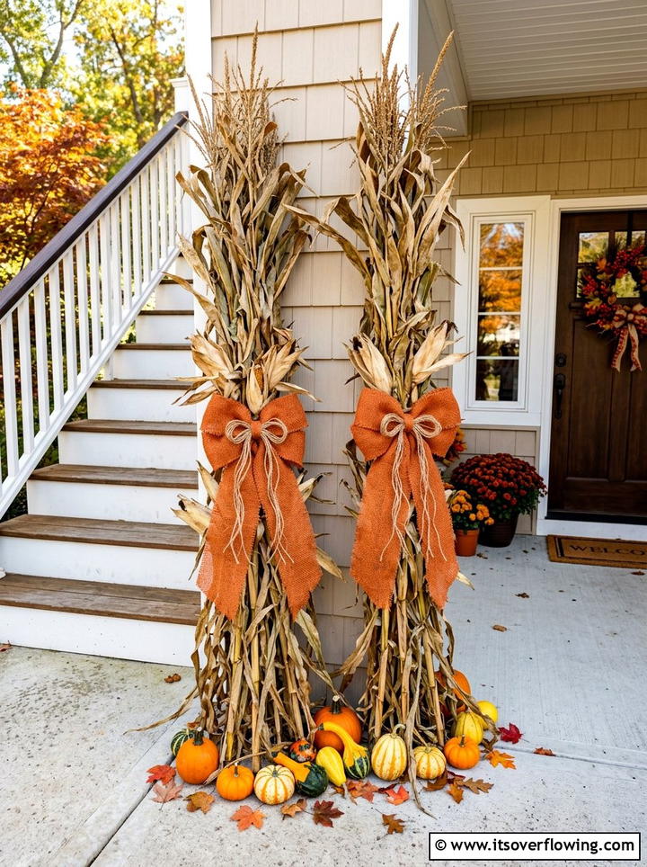 Cornstalks with orange burlap bows - 25 front porch decor ideas with cornstalks
