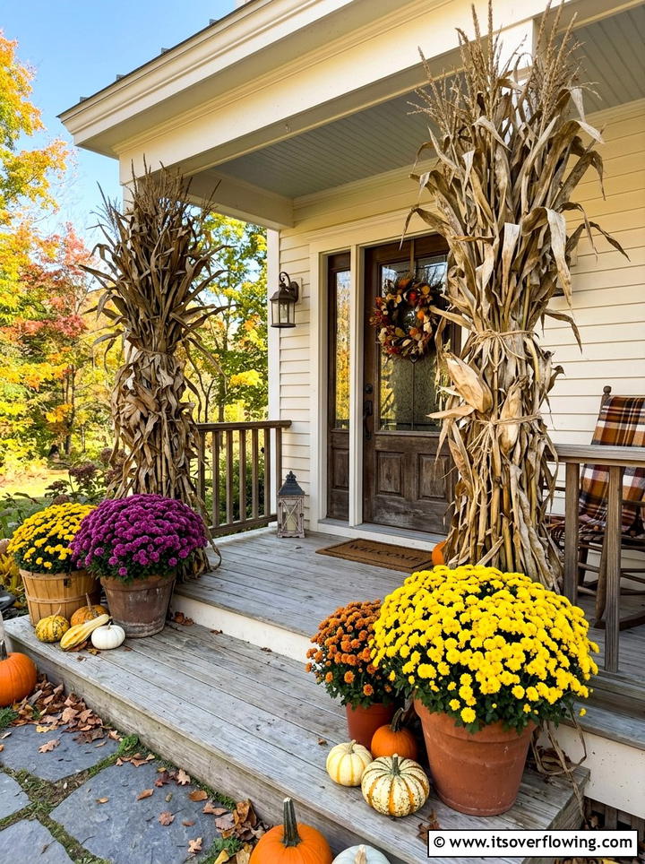 Cornstalks with potted mums - 25 front porch decor ideas with cornstalks