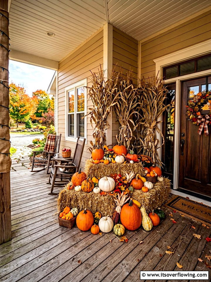 Cornstalks with pumpkins and hay bales - 25 front porch decor ideas with cornstalks