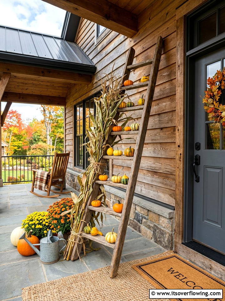 Cornstalks with rustic wooden ladder - 25 front porch decor ideas with cornstalks