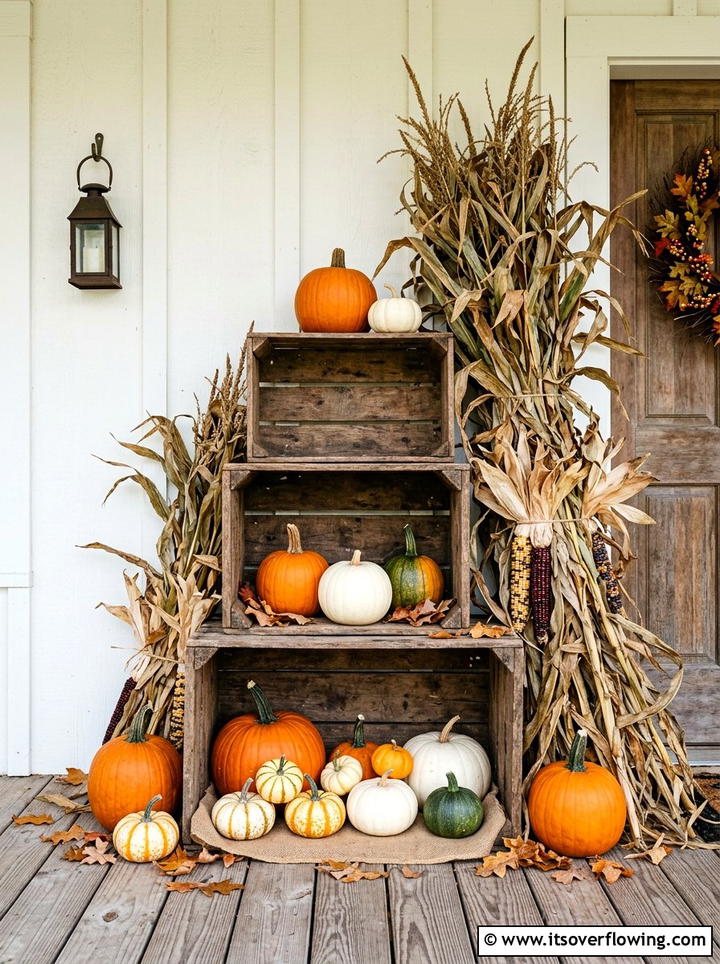 Cornstalks with wooden crates - 25 front porch decor ideas with cornstalks
