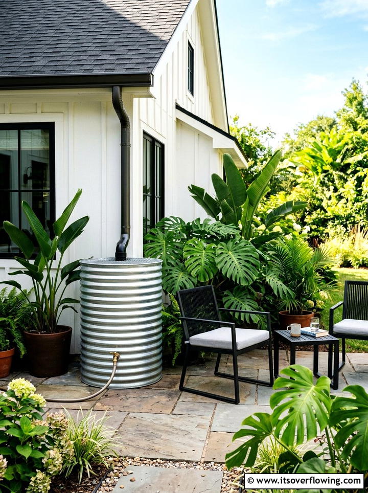 Corrugated metal rain barrel - 25 creative garden ideas with rain barrel displays
