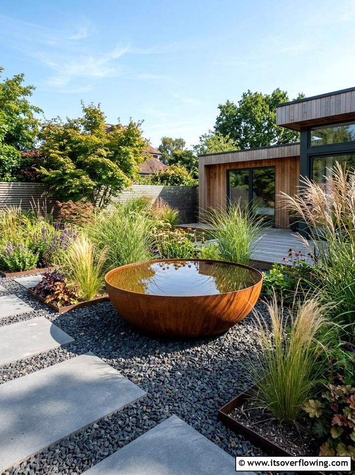 Corten steel water bowl - 25 garden decor ideas with water bowls