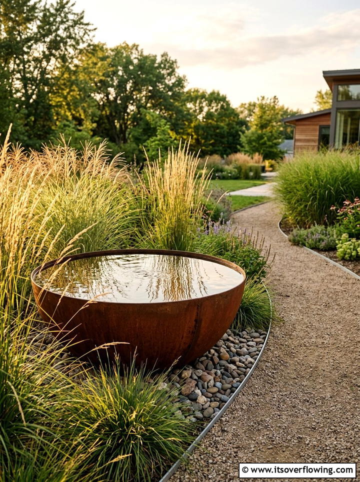 Corten steel water bowl - 25 backyard decorating ideas with water bowls