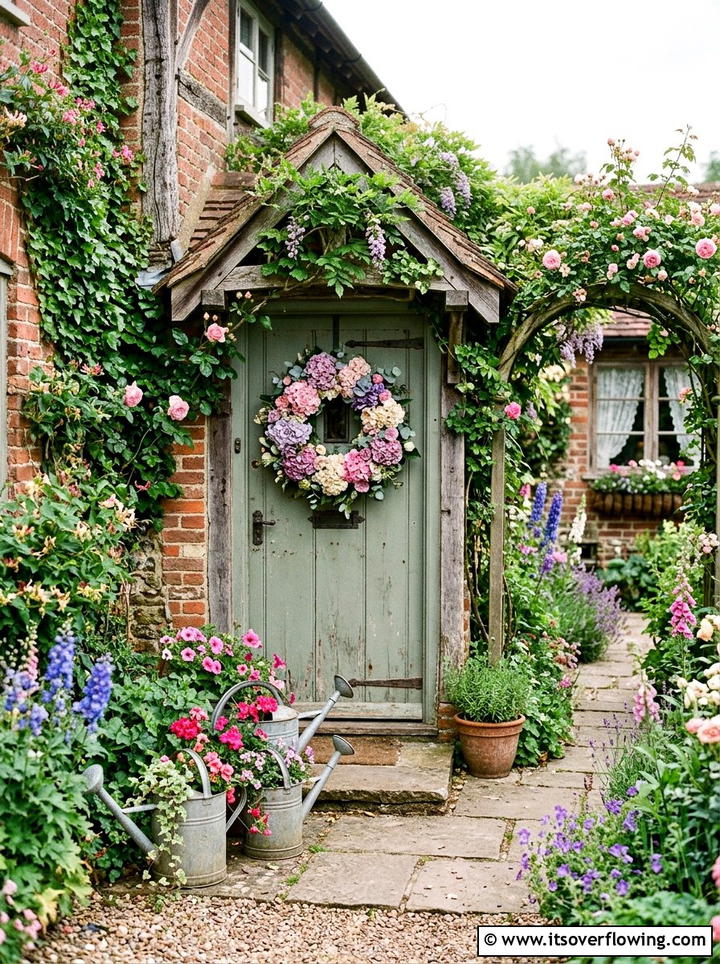 Cottage Core Exterior - 25 front porch decor ideas with hydrangea wreath