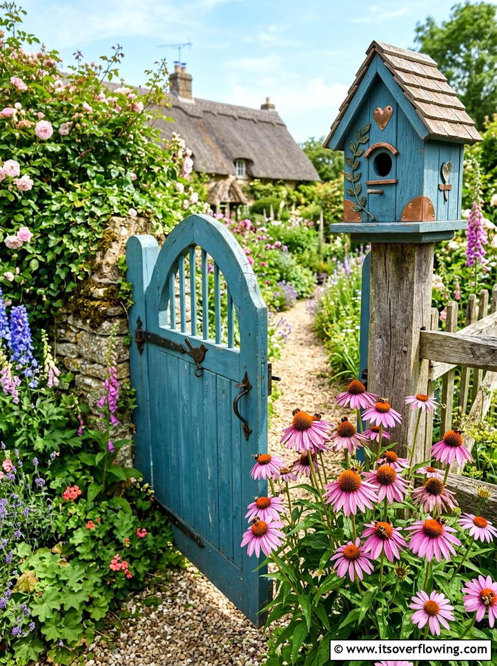 Cottage garden gate with birdhouse decor - 25 garden decor ideas with gate decorations