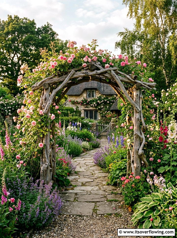 Cottage garden with driftwood arch - 25 garden ideas with driftwood sculptures