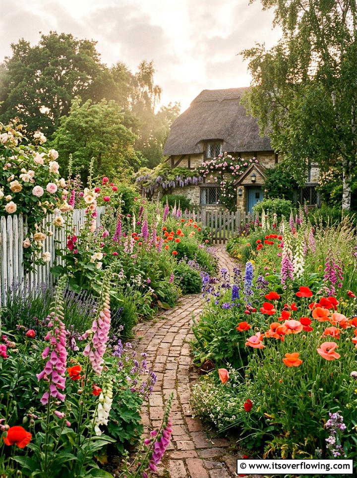 Cottage garden with self seeding flowers - 25 cheap garden ideas with low maintenance plants