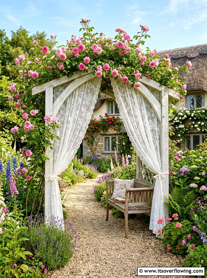 Cottage style arbor with lace curtains - 25 backyard decorating ideas with outdoor curtains