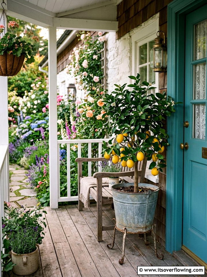 Cottage style porch fruit tree - 25 front porch decor ideas with mini trees