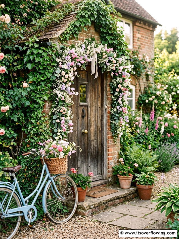 Cottagecore floral garland for front door - 25 front porch ideas with floral garland