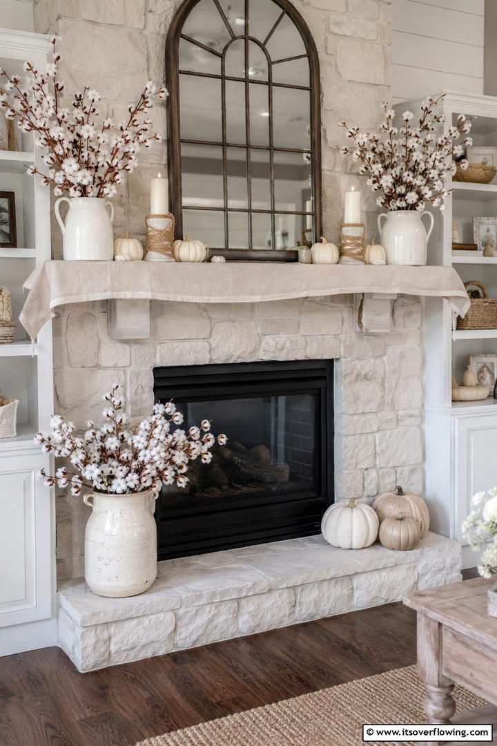 Cotton and Linen Texture Theme - 50 Fall Fireplace Decor Ideas to Warm Autumn Gatherings