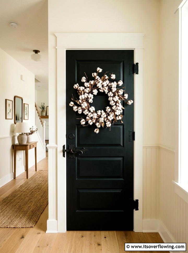 Cotton boll farmhouse door - 25 front porch ideas with door garland
