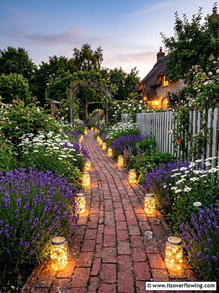 Country garden with mason jar path lights - 25 creative garden ideas with fairy light pathways