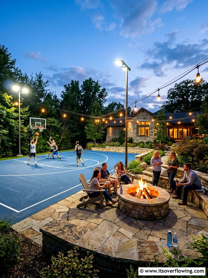 Court with fire pit area - 25 backyard ideas with sports court