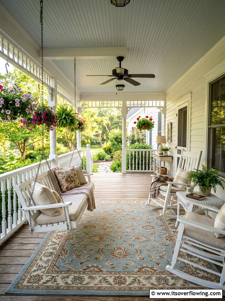 Covered Porch Retreat - 25 backyard decorating ideas with outdoor rugs