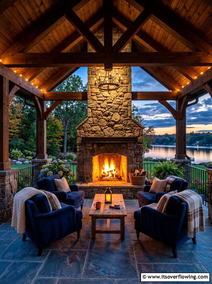 Covered Veranda With Outdoor Fireplace - 25 backyard ideas with lounge area