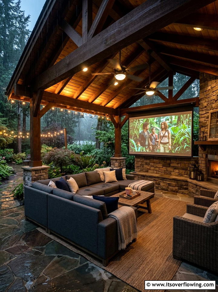 Covered patio theater setup - 25 backyard ideas with outdoor movie setup