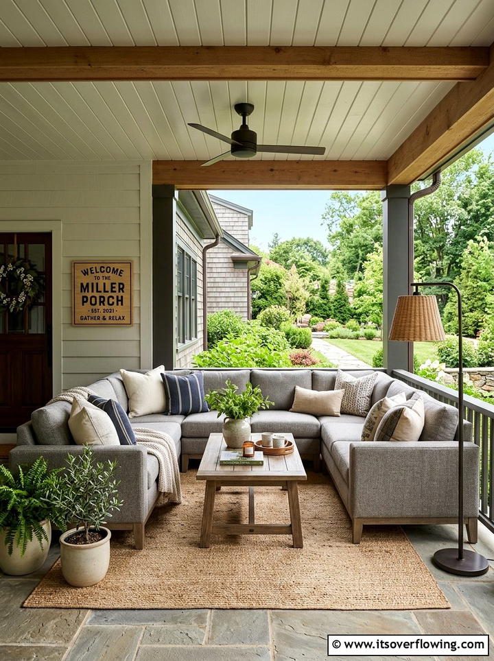 Covered porch lounge area - 25 front porch decor ideas with personalized welcome sign
