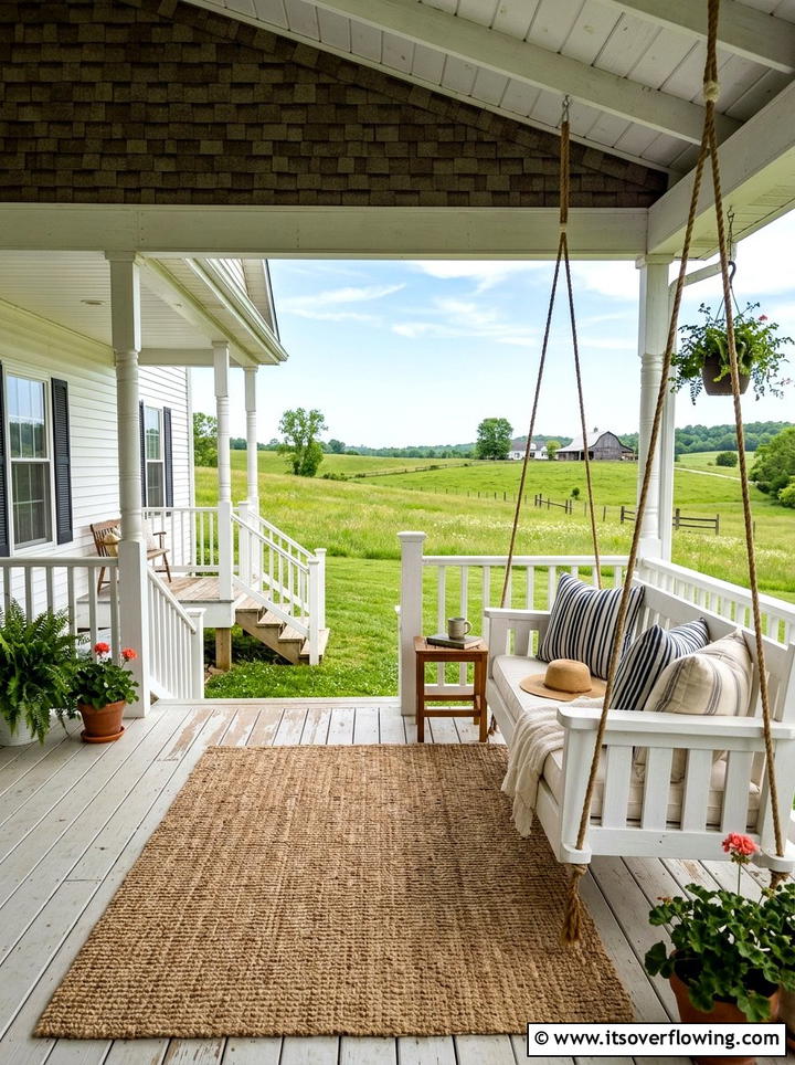 Covered porch with swinging bench - 25 backyard ideas with benches