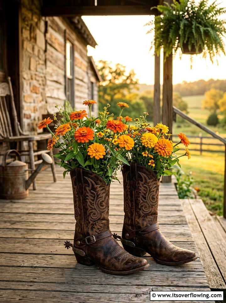 Cowboy Boot Flower Display - 25 upcycled garden ideas with old boots
