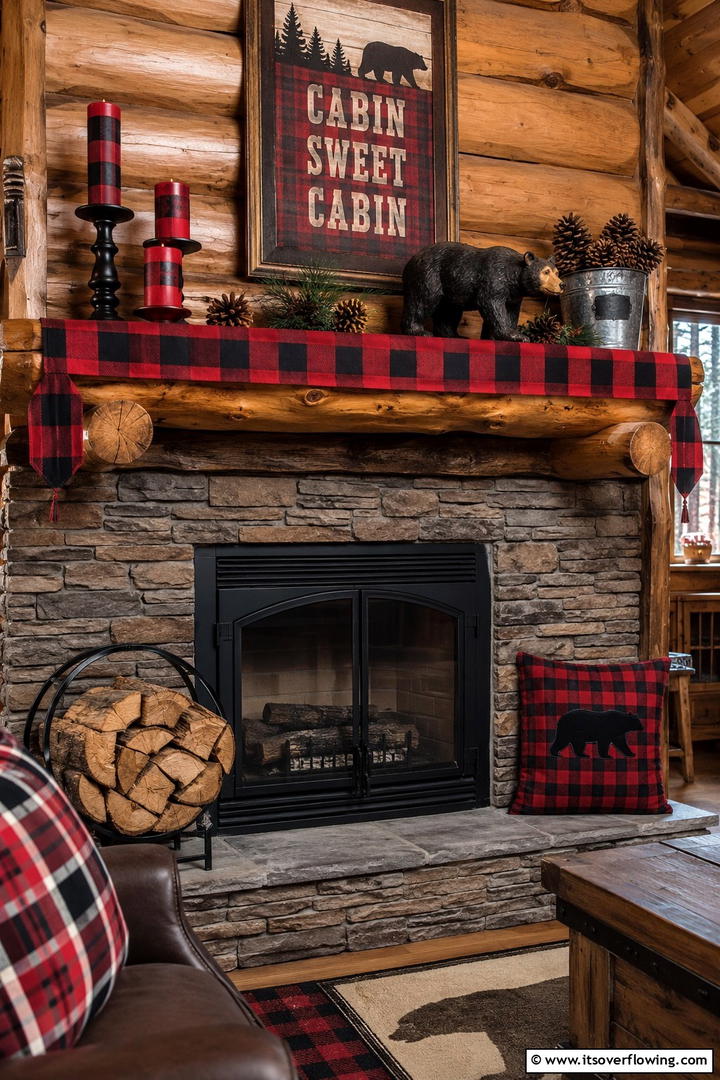 Cozy Cabin Mantel with Plaid Patterns - 50 Fall Mantel Decor Ideas for Cozy Spaces This Season
