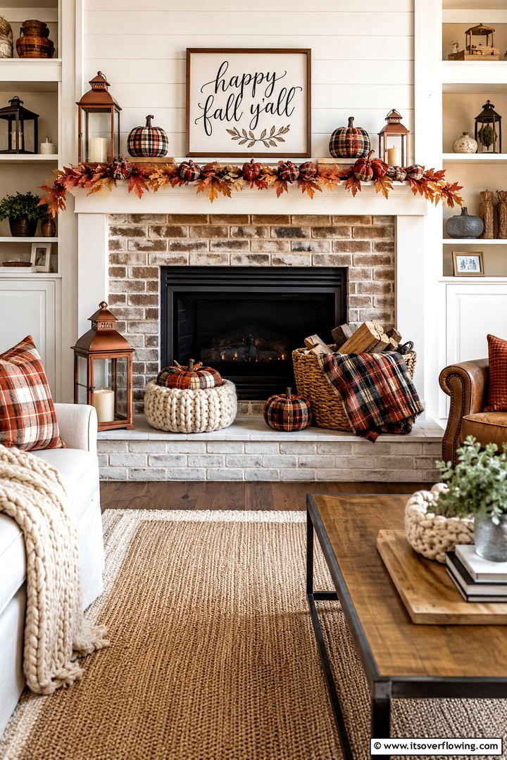 Cozy Plaid and Texture Theme - 50 Fall Fireplace Decor Ideas to Warm Autumn Gatherings