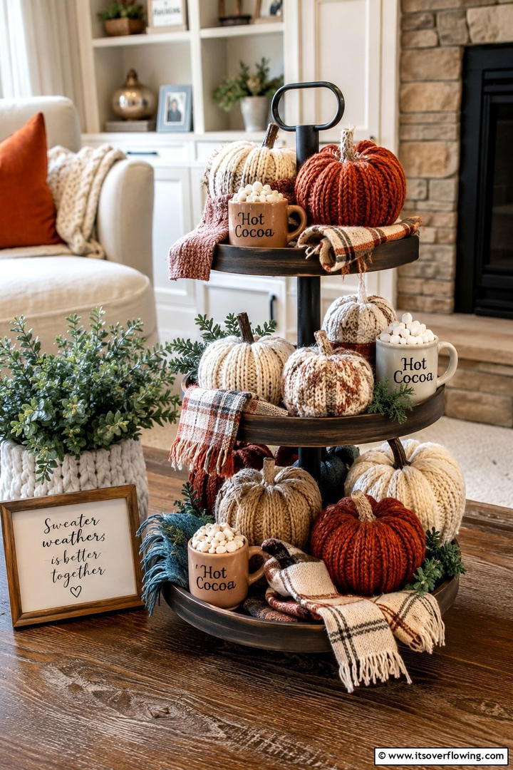 Cozy Sweater Weather Setup - 50 Fall Tiered Tray Decor Ideas for Festive Shelves